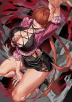  1girl breasts cleavage cleavage_cutout clothing_cutout cropped_jacket dress fur-trimmed_jacket fur_trim hair_over_eyes highres jacket large_breasts long_hair looking_at_viewer miniskirt shermie_(kof) side_slit sitting_on_face skirt snk solo split_ponytail the_king_of_fighters the_king_of_fighters_xv tomcat_li 