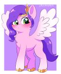  absurd_res blush chest_tuft crown digital_media_(artwork) equid equine eyelashes feathered_wings feathers female feral fetlocks gradient_background green_eyes hair hasbro hi_res leo19969525 mammal mlp_g5 my_little_pony pegasus pink_body pipp_petals_(mlp) purple_hair purple_tail signature simple_background solo spread_wings tiara tuft wings 