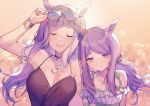  2girls adjusting_eyewear animal_ears arm_tattoo arm_up bare_shoulders black_one-piece_swimsuit blurry blush bokeh bracelet breasts cho_k_(choco_tcl) cleavage closed_mouth dated depth_of_field dress eyewear_on_head gold_ship_(run_revolt_launcher)_(umamusume) gold_ship_(umamusume) grey_hair halterneck highres horse_ears jewelry large_breasts long_hair low_twintails mejiro_mcqueen_(ripple_fairlady)_(umamusume) mejiro_mcqueen_(umamusume) multiple_girls necklace one-piece_swimsuit open_mouth purple_eyes purple_hair signature small_breasts smile sunglasses swimsuit tattoo twintails umamusume upper_body white_dress 