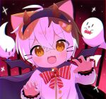  1boy animal_ears artist_request bat_wings bow bowtie cape cat_boy cat_paw child close-up demon_horns fangs ghost halloween_costume highres horns indie_virtual_youtuber looking_at_viewer male_child male_focus multicolored_hair open_mouth second-party_source star_(sky) tatamaru_(vtuber) two-tone_hair virtual_youtuber wings 