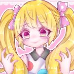  1girl absurdres animal_crossing bangs blonde_hair blunt_bangs bow chrissy_(animal_crossing) dress hair_bow highres humanization lolita_1105_15 nail_polish personification pink_eyes polka_dot polka_dot_dress solo twintails upper_body 