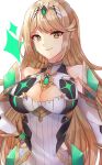  1girl bare_shoulders blonde_hair breasts brown_eyes cleavage cleavage_cutout closed_mouth clothing_cutout collarbone covered_collarbone dress edamameoka elbow_gloves gloves hand_on_hip headpiece highres long_hair looking_at_viewer medium_breasts mythra_(xenoblade) simple_background smile solo sparkle upper_body very_long_hair white_background white_dress white_gloves xenoblade_chronicles_(series) xenoblade_chronicles_2 