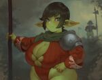  absurd_res armor big_breasts big_butt blush breasts butt cleavage clothed clothing duo female forastero goblin hi_res humanoid unconvincing_armor 