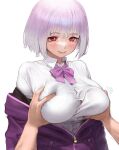  1boy 1girl arms_at_sides blush bob_cut bow bowtie breast_grab breasts button_gap closed_mouth collared_shirt conto deep_skin dress_shirt grabbing gridman_universe hair_between_eyes jacket large_breasts light_purple_hair looking_at_viewer medium_hair pov pov_hands purple_bow purple_bowtie purple_jacket red_eyes shinjou_akane shirt simple_background ssss.gridman upper_body white_background white_shirt 