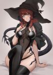  1girl au_ra avatar_(ff14) bangs black_thighhighs blue_eyes blush breasts brown_hair dragon_horns dragon_tail final_fantasy final_fantasy_xiv grey_background hat highres horns large_breasts leotard long_hair looking_at_viewer meowrim0 scales see-through sitting smile solo tail thighhighs witch_hat 