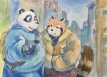  2022 absurd_res ailurid anthro aotadobukitch backpack black_body bottomwear brown_body clothing detailed_background duo giant_panda hi_res hoodie kemono male mammal outside overweight overweight_male pants red_panda topwear ursid white_body 