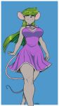  anthro artist_name blue_background breasts choker cleavage_cutout clothed clothing dress eyes_closed female fur green_hair hair hi_res jewelry katie_tinson long_hair mammal mouse murid murine necklace purple_clothing purple_dress rodent simple_background smile solo standing sundress t-kay 