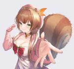  1girl absurdres animal_ears ayunda_risu bangs blush bow breasts brown_hair choker cleavage dress green_eyes hair_ornament hair_over_shoulder hat highres hololive hololive_indonesia large_breasts long_hair looking_at_viewer robbilgigih simple_background smile solo squirrel_ears squirrel_girl squirrel_tail sweater tail virtual_youtuber 