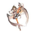  1girl ahoge alchemy_stars bandaid bandaid_on_leg bangs bike_shorts boots brown_hair brown_skirt clenched_hand feathered_wings full_body goggles goggles_on_head green_eyes highres jiedahuanxi leg_up long_sleeves looking_at_viewer low_wings open_mouth orange_thighhighs simple_background skirt smile socks solo sweater teeth thighhighs vest wendy_(alchemy_stars) white_background white_sweater wings 