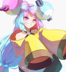  1girl aqua_hair bow-shaped_hair character_hair_ornament hair_ornament highres iono_(pokemon) jacket long_hair multicolored_hair oversized_clothes pink_hair pokemon pokemon_(game) pokemon_sv shirt simple_background sleeveless sleeveless_shirt sleeves_past_wrists solo two-tone_hair very_long_hair white_background yellow_jacket yu_no6767 