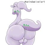  1:1 2021 anthro axoarts backsack balls biped butt generation_6_pokemon genitals goodra green_eyes looking_at_viewer looking_back looking_back_at_viewer male multicolored_body nintendo nude pokemon pokemon_(species) purple_body rear_view simple_background slime solo standing thick_thighs two_tone_body video_games white_background 