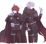  2boys ahoge aotsuki_eito belt black_cape black_cloak black_jacket black_pants blue_eyes cape cloak cropped_legs gakuran glasses gloves grey_hair grin hand_on_own_hip highres holding holding_mask jacket last_defense_academy_school_uniform looking_at_viewer male_focus mask mmjb_r99 multicolored_hair multiple_boys pants purple_eyes red_hair school_uniform short_hair simple_background smile streaked_hair sumino_takumi the_hundred_line_-last_defense_academy- white_background white_belt white_gloves 