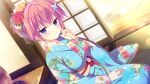  1girl :3 blue_eyes blue_kimono breasts closed_mouth da_capo da_capo_iv day dutch_angle floral_print flower from_above from_side furisode game_asset hair_bun hair_flower hair_ornament hand_on_own_cheek hand_on_own_face hand_on_own_thigh highres indoors japanese_clothes kanzashi kimono large_breasts looking_at_viewer non-web_source obi obijime open_door pink_hair sash seiza self-datamine shirakawa_hiyori short_hair shouji sitting sliding_doors takano_yuki_(allegro_mistic) tatami veranda washitsu yellow_sash yukata 