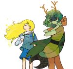  1boy 1girl adventure_time antlers backpack bag belt black_belt blonde_hair blue_shirt blue_shorts brown_pants cape colored_skin commentary domino_mask english_commentary eye_mask finn_the_human green_cape green_eyes green_hair green_skin green_tunic highres holding_strap hood hood_down horns huntress_wizard long_hair looking_at_viewer mask medium_hair orock_miani pants plant_hair prosthesis prosthetic_arm shirt shorts tunic white_background 