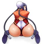  arcana_heart ass blue_hair bun_cover cameltoe dr.p from_behind green_eyes looking_back mei-fang purple_hair shrug_(clothing) simple_background sitting wariza white_background 