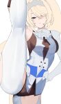  1girl 4kebidayo blonde_hair blue_eyes breasts bridal_gauntlets closed_mouth clothing_cutout commentary_request cowboy_shot flexible hair_over_one_eye hairband highres holding_own_leg horse_girl horse_tail leg_lift leg_up long_hair looking_at_viewer metal_hairband sigrid_de_l'azur simple_background single_bridal_gauntlet solo split standing standing_on_one_leg standing_split tail thigh_cutout unfinished white_background zenless_zone_zero 