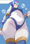  1girl absurdres armpit_crease blue_hair blue_helmet bodysuit breasts bubble commentary_request cowboy_shot curvy fairy_leviathan_(mega_man) fan_request from_below gloves helmet highres holding holding_polearm holding_weapon mega_man_(series) mega_man_zero_(series) nohohon_pictures polearm small_breasts smile solo thick_thighs thigh_gap thighs translation_request weapon white_bodysuit white_gloves 