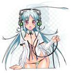  :o ahoge blue_hair blush breasts cable cable_divider cleavage headphones long_hair looking_at_viewer medium_breasts navel original panties red_eyes skindentation solo takada_kazuhiro underwear wide-eyed 