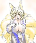  agluna animal_ears breasts cleavage fox_ears fox_tail highres large_breasts multiple_tails no_hat no_headwear shirt_pull short_hair solo tail touhou yakumo_ran yellow_eyes 