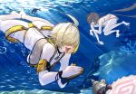  2girls abarabonebokio ahoge alternate_costume blonde_hair breasts brown_hair commentary_request electric_shock_(nikke) elegg_(boom_and_shock)_(nikke) elegg_(nikke) fang fish game_controller_print gloves goddess_of_victory:_nikke hair_over_eyes hermit_crab highres large_breasts multiple_girls open_mouth rabbit_choker see-through_clothes see-through_slingshot_swimsuit short_hair single_glove slingshot_swimsuit smile swimsuit trony_(nikke) two-sided_gloves two-tone_slingshot_swimsuit underwater yellow_slingshot_swimsuit 