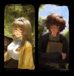  1boy 1girl artist_name bandage_on_face bandages bandaid bandaid_on_face bandaid_on_nose bench black_jacket black_skirt blue_sky blunt_bangs blush braces braid breasts brown_hair cardigan collared_shirt day degrees_of_lewdity from_above gift_art glasses grass green_eyes green_shirt hair_intakes high-waist_skirt highres hikimayu holding holding_sketchbook jacket kylar_(degrees_of_lewdity) kylar_(male)_(degrees_of_lewdity) large_breasts long_sidelocks long_sleeves multiple_pov on_bench open_cardigan open_clothes open_jacket original outdoors park_bench parted_lips player_character_(degrees_of_lewdity) player_character_(female)_(degrees_of_lewdity) pleated_skirt pov rectangular_eyewear school_uniform semi-rimless_eyewear shirt shirt_tucked_in short_hair sidelocks sketchbook skirt sky tented_shirt tree under-rim_eyewear upper_body white_shirt yellow_cardigan yellow_eyes zerosevengt 