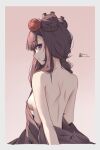  1girl artist_name back bare_back blue_eyes blunt_bangs blush border braid braided_base breasts bun_with_braided_base closed_mouth commentary double_bun flower from_behind hair_bun hair_flower hair_ornament highres hololive hololive_english instagram_username lok_ng_draw long_hair long_sidelocks looking_at_viewer looking_back median_furrow medium_breasts ninomae_ina'nis pink_background purple_hair shoulder_blades sideboob sidelocks solo twitter_username upper_body virtual_youtuber white_border 