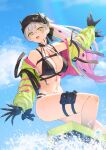  1girl :d bikini black_bikini black_hat blue_sky blush breasts commentary day fate/grand_order fate_(series) gradient_hair green_eyes green_jacket hat highres horns jacket kamo_ashi large_breasts lilith_(fate) lilith_(swimsuit)_(fate) long_hair long_sleeves looking_at_viewer multicolored_hair navel open_clothes open_jacket open_mouth outdoors pink_hair pubic_tattoo sky smile solo stomach surfing swimsuit tattoo thighs underboob unzipped white_hair 