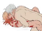  2boys arm_tattoo artist_name back blonde_hair blush boy_on_top braid closed_eyes commentary completely_nude crying english_commentary face-to-face from_side hands_on_another's_neck highres honkai:_star_rail honkai_(series) implied_sex kxvehzz leg_tattoo lying male_focus multicolored_hair multiple_boys mydei_(honkai:_star_rail) nude on_back on_bed orange_hair phainon_(honkai:_star_rail) protected_link red_tattoo short_hair side_braid simple_background single_braid tattoo tears two-tone_hair white_background yaoi 
