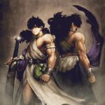  2boys arm_at_side armlet armor bag belt belt_buckle big_hair black_belt black_eyes black_facial_hair black_hair blue_skirt bracelet breastplate brown_belt buckle chain character_request clenched_hand cloak closed_mouth commentary_request covered_eyes cowboy_shot dragon_quest dragon_quest_v facial_hair facing_to_the_side fantasy fingernails fur-trimmed_skirt fur_trim green_bag grey_background hair_over_eyes hero_(dq5) highres holding holding_sword holding_weapon jewelry jun_(navigavi) light_particles long_hair looking_to_the_side male_focus mature_male multiple_boys multiple_scars muscular muscular_male mustache nose papas ponytail purple_cloak scabbard scar scar_on_arm scar_on_chest scar_on_chin scar_on_face scar_on_shoulder sheath sheathed single_bare_shoulder skirt sword tunic veins veiny_hands waist_bag weapon white_tunic 