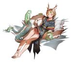  1girl absurdres alternate_costume antlers bangle barefoot blonde_hair bracelet chinese_commentary clothing_request commentary_request commission dragon_girl dragon_horns folded_fan folding_fan full_body fur-tipped_tail green_nails hand_fan highres holding holding_fan horns jade_bangle jewelry kicchou_yachie looking_at_viewer nail_polish open_mouth otter pillow red_eyes second-party_source short_hair smile solo tail thighs toenail_polish toenails toes touhou yellow_horns yima_(power222222) 