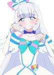  1girl absurdres animal_ear_hairband animal_ears aqua_bow arm_warmers bare_shoulders blue_choker blue_eyes blunt_bangs blush bow bow_choker bow_hairband brooch cat_ear_hairband cat_ears chest_bow choker clenched_hands closed_mouth collarbone commentary crown crown_earrings cure_nyammy dot_mouth dot_nose dress earrings expressionless fake_animal_ears frilled_arm_warmers frilled_dress frills hairband hands_up heart heart_brooch heart_in_eye highres jewelry long_hair looking_at_viewer magical_girl mini_crown multicolored_bow nekoyashiki_yuki off-shoulder_dress off_shoulder pact_holder paw_pose pouch precure simple_background solo straight_hair striped_bow symbol_in_eye tilted_headwear upper_body user_adck2555 very_long_hair white_arm_warmers white_background white_dress white_hair wonderful_precure! 