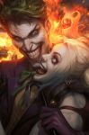  1boy 1girl batman_(series) bell black_choker blonde_hair blue_eyes bow bowtie choker comic_cover commentary cover cover_page crowbar dc_comics ear_piercing earrings english_commentary evil_grin evil_smile explosion explosion_background gloves green_bow green_bowtie green_eyes green_hair grin harley_quinn highres holding holding_crowbar hug jacket jewelry joker_(dc) neck_bell open_mouth piercing purple_gloves purple_jacket shirt short_hair smile stanley_lau teeth textless_cover_page textless_version tongue yellow_shirt 