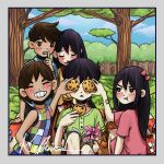  2girls 3boys :t aubrey_(faraway)_(omori) aubrey_(omori) basil_(omori) black_hair bow brown_hair checkered_clothes checkered_shirt closed_eyes closed_mouth commentary cookie covering_another's_eyes deviantart_sample eating english_commentary finger_to_mouth food green_shirt grin hair_bow hero_(faraway)_(omori) hero_(omori) holding holding_cookie holding_food image_sample kel_(omori) kyhira long_hair mari_(faraway)_(omori) mari_(omori) multiple_boys multiple_girls omori outdoors photo_(object) picnic pink_bow pink_shirt pinwheel polo_shirt pout reading shirt short_hair short_sleeves shushing sleepy smile sunny_(omori) tree 