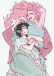  2girls alien_stage arm_around_another's_waist black_hair blanket closed_eyes cuddling headphones highres hug long_hair low-tied_long_hair mizi_(alien_stage) movvart912 multiple_girls pink_hair shirt sleeping sua_(alien_stage) topless_female white_shirt yuri 