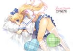  ass blonde_hair blue_eyes bow breasts edoya_pochi hair_ribbon medium_breasts no_panties open_clothes original pillow plaid plaid_bow plaid_skirt ribbon school_uniform sideboob skirt solo thighhighs thighs top-down_bottom-up 