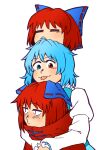  2girls =_= absurdres ahoge averting_eyes blue_bow blue_eyes blue_hair blue_skirt blue_vest blush bow bread_master capelet closed_eyes closed_mouth commentary_request constricted_pupils crossed_bangs disembodied_head hair_bow hanging_on_another head_on_head head_rest heterochromia highres hug hug_from_behind jitome juliet_sleeves light_blush long_sleeves looking_down medium_hair mixed_signals multiple_girls multiple_heads puffy_sleeves red_capelet red_eyes red_hair red_ribbon ribbon ribbon-trimmed_bow ribbon_trim sekibanki shirt short_hair simple_background skirt tatara_kogasa tongue tongue_out touhou upper_body vest white_background white_shirt yuri 