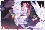  1girl absurdres breasts chinese_commentary commentary_request detached_sleeves dress feathered_wings floating_ribbon from_side full_body hair_intakes hair_ornament high_heels highres hugging_own_legs knees_up large_breasts long_sleeves looking_at_viewer medium_hair open_mouth pink_eyes pink_hair pointy_ears purple_nails remielle_dan sanjinpaofu smile solo thighhighs thighs white_dress white_sleeves white_thighhighs white_wings wings zenless_zone_zero 