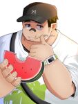  1boy :t bandaid bandaid_on_face bandaid_on_nose baseball_cap black_hair black_hat brown_eyes casual commentary_request earclip facial_hair food food_on_face fruit fu_zita goatee_stubble grigory_(live_a_hero) hat holding holding_food live_a_hero looking_at_viewer male_focus multicolored_hair official_alternate_costume pointy_ears print_shirt shirt short_hair short_sleeves sideburns_stubble simple_background smartwatch solo stubble t-shirt thick_eyebrows two-tone_hair upper_body watch watermelon watermelon_seeds watermelon_slice white_background white_shirt wiping_face wristwatch 