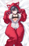  1girl absurdres animal_ears animal_hands animal_hood bed_sheet beetleasd black_eyes black_hair blue_archive breasts cat_cutout cat_ears cat_pajamas cleavage_cutout clothing_cutout commentary_request hair_between_eyes halo highres hood hooded_pajamas huge_breasts looking_at_viewer lying on_back open_mouth pajamas paw_pose paw_print red_halo short_hair simple_background solo tsubaki_(blue_archive) white_background 