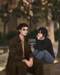 1boy 1girl artist_name black_sweater blue_pants blurry blurry_background brown_jacket brown_pants closed_mouth commentary eren_yeager hair_bun head_on_hand highres jacket looking_at_another mikasa_ackerman outdoors pants parted_lips scar scar_on_cheek scar_on_face shingeki_no_kyojin shirt short_hair sitting sumiensp sweater untranslatable_commentary updo yellow_shirt 