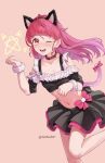  1girl :d ;d ahoge animal_collar animal_ear_hairband animal_ears black_hairband black_shirt black_skirt bow breasts cat_ear_hairband cat_ears cat_tail clenched_hands clothing_cutout collar commentary_request crop_top fake_animal_ears fake_tail frilled_shirt frills fur_wrist_cuffs hair_behind_ear hair_down hairband highres hoshina_hikaru long_hair looking_at_viewer midriff navel one_eye_closed open_mouth paw_pose pink_bow pink_eyes pink_hair precure red_collar saviour0329 shirt short_sleeves shoulder_cutout skirt skirt_bow small_breasts smile solo star_twinkle_precure tail white_wrist_cuffs wrist_cuffs 