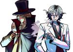  2boys black_cape black_hair black_pants black_shirt blonde_hair breast_pocket cape cigarette collared_cape collared_shirt commentary_request crazy_eyes crazy_smile danganronpa_(series) danganronpa_another expressionless facial_hair goatee grey_hair half_mask hashimoto_syobai hat highres holding holding_cigarette holding_mask korean_commentary long_sleeves loose_necktie magician male_focus mask messy_hair multiple_boys necktie necktie_in_pocket pants pock5766 pocket sannoji_mikado shirt short_hair smile smoke super_danganronpa_another_2 wavy_hair white_background white_shirt yellow_necktie 