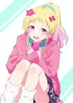  1girl alphabet alternate_hairstyle bead_necklace beads black_skirt blonde_hair burasuko commentary_request gyaru hair_ornament highres holding holding_phone jacket jewelry looking_at_viewer love_live! love_live!_superstar!! necklace official_alternate_costume official_alternate_hairstyle onitsuka_natsumi open_mouth phone pink_jacket ponytail purple_eyes simple_background sitting skirt socks solo star_(symbol) white_socks 