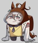  1girl agnes_tachyon_(tach-nology)_(umamusume) agnes_tachyon_(umamusume) ahoge among_us animal_ears black_necktie brown_hair coat commentary cosplay crewmate_(among_us) crewmate_(among_us)_(cosplay) english_commentary full_body grey_background hair_between_eyes helmet highres horse_ears horse_girl kizuchu lab_coat long_bangs looking_at_viewer necktie open_clothes open_coat open_mouth red_eyes short_hair simple_background sleeves_past_fingers sleeves_past_wrists solo space_helmet sweater umamusume white_coat yellow_sweater 