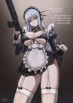  1girl absurdres apron assault_rifle bikini black_bikini black_dress breasts caiman_pool dress enmaided facial_mark french_text frilled_apron frilled_bikini frills from_below garter_straps girls'_frontline girls'_frontline_2:_exilium green_eyes gun h&amp;k_hk416 hair_ornament highres hk416_(girls'_frontline) holding holding_weapon juliet_sleeves klukai_(girls'_frontline_2) long_hair long_sleeves looking_down maid maid_apron maid_bikini maid_headdress panties puffy_sleeves rifle solo swimsuit tattoo teardrop_facial_mark teardrop_tattoo translated unconventional_maid underboob underwear upskirt waist_apron weapon white_apron white_garter_straps white_panties 