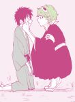  1boy 1girl aged_down bandana bandana_around_neck barefoot bleach bleach:_turn_back_the_pendulum commentary_request crying crying_with_eyes_open goggles goggles_on_head green_hair hakama hands_on_another's_cheeks hands_on_another's_face hisagi_shuuhei japanese_clothes kneeling kuna_mashiro limited_palette nanao_itsuki shihakusho short_hair socks squatting tears 