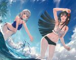  2girls :d absurdres arched_back arm_up armpits bare_shoulders bikini black_hair blue_bikini blue_eyes blue_sky blunt_ends breasts character_request cleavage cloud collarbone commentary_request cross-laced_bikini cross-laced_clothes feet_out_of_frame fisheye flower frilled_bikini frills from_below grey_hair hair_flower hair_ornament highres houkago_no_seijo-san_ga_toutoi_dake_ja_nai_koto_wo_ore_wa_shitteiru leaning_forward linea_alba long_hair medium_breasts medium_hair multiple_girls navel ocean outdoors outstretched_arms palm_tree polka_dot polka_dot_bikini red_eyes shirase_seira side-tie_bikini_bottom sky smile splashing stomach straight_hair swimsuit takubon tassel tassel_hair_ornament tree wading water water_drop 