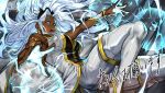  1girl bare_shoulders big_hair black_hairband bodysuit boots breasts dark-skinned_female dark_skin earrings electricity electrokinesis hairband hungry_clicker jewelry knee_boots large_breasts lightning_bolt_earrings lightning_bolt_symbol long_hair marvel marvel_tokon:_fighting_souls open_mouth pants storm_(x-men) superhero_costume white_bodysuit white_hair white_pants x-men 
