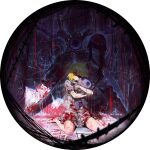  2girls blonde_hair blood blood_on_clothes blood_on_feet blood_on_leg buttons doll don_quixote_(project_moon) drawing_(object) dress e.g.o_(project_moon) eyepatch game_asset grey_dress i'll_go_fer_scissors._how_'bout_you?_(e.g.o) limbus_company messy_hair multiple_girls nai_ga nail_(hardware) official_art project_moon scissors short_hair solo_focus stitched_arm stitches stuffed_toy will_you_play? 