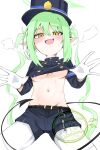  1girl 966_kururu_966 :d \||/ absurdres areola_slip belt black_belt black_hat black_jacket black_shorts blue_archive blush breasts buttons clothes_pull commentary cowboy_shot demon_girl demon_tail double-breasted fang gloves green_hair green_halo groin hair_between_eyes halo hands_up hat highres jacket jacket_pull long_hair long_sleeves looking_at_viewer mesugaki navel no_bra nozomi_(blue_archive) open_hands open_mouth pantyhose peaked_cap pointy_ears presenting_own_breasts puff_of_air pulling_own_clothes shorts sidelocks simple_background skin_fang small_breasts smile solo stomach sweat tail tail_raised twintails underboob very_long_hair watermark white_background white_gloves white_pantyhose yellow_eyes 